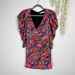 NWOT ZARA floral mini dress puff shoulders ruched rhinestone buttons
